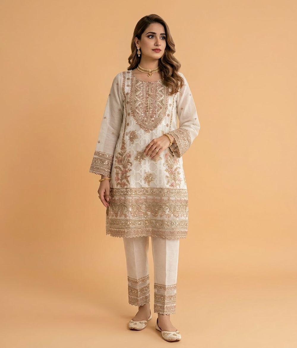 Cream Ivory Resham and Sequin Detailed Gharara