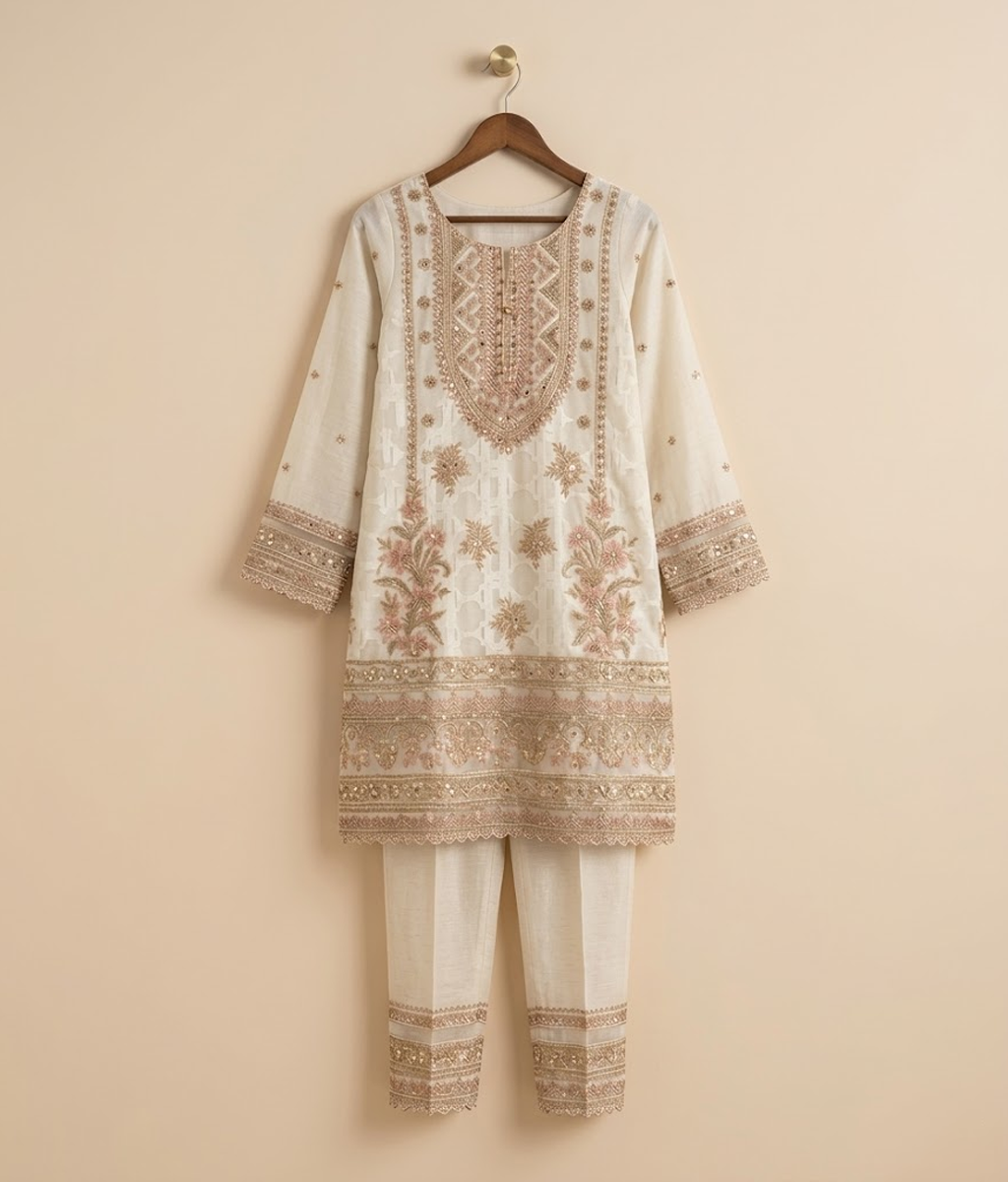 Cream Ivory Resham and Sequin Detailed Gharara