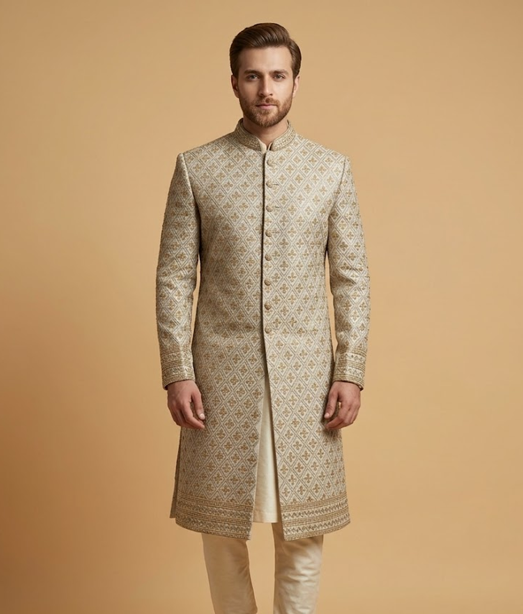 Cream Lattice Jamawar Dulha House