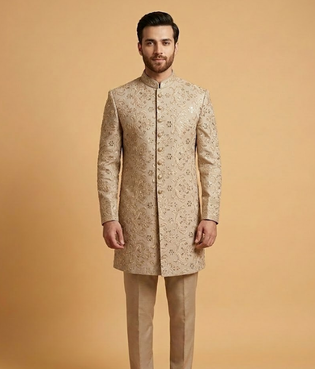 Cream Sequin Embroidery Jamawar Dulha House