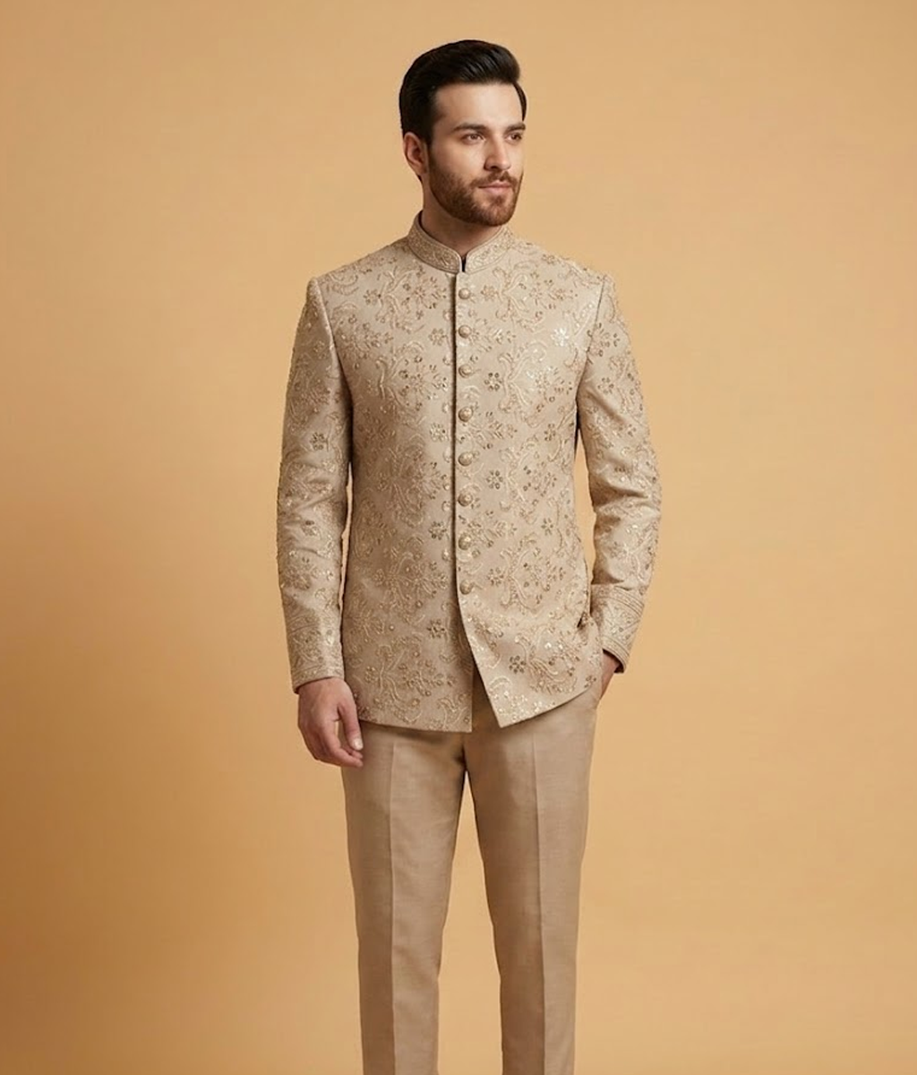 Cream Sequin Embroidery Jamawar Dulha House