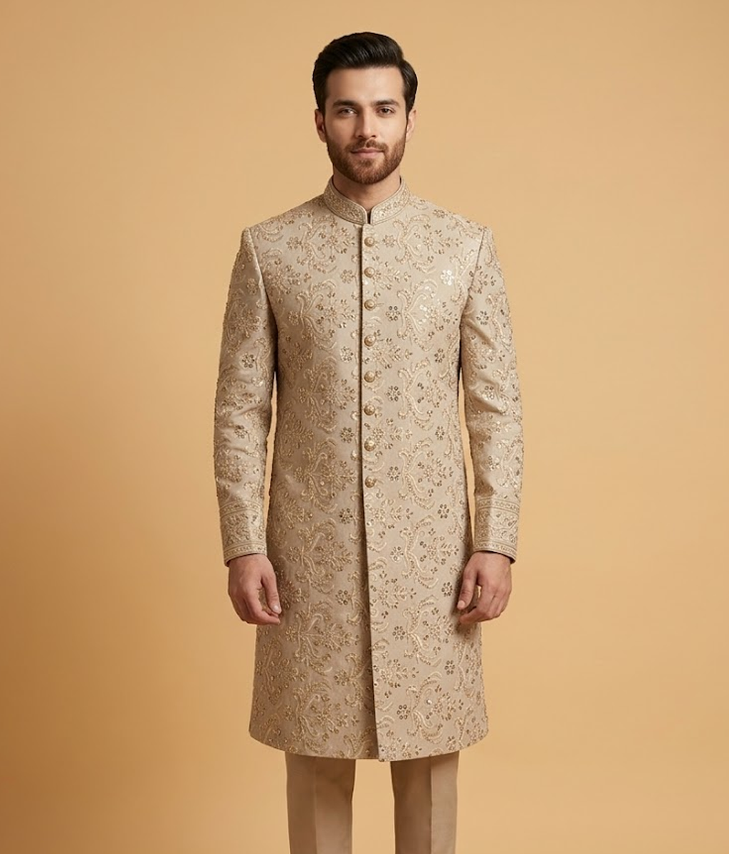Cream Sequin Embroidery Jamawar Dulha House