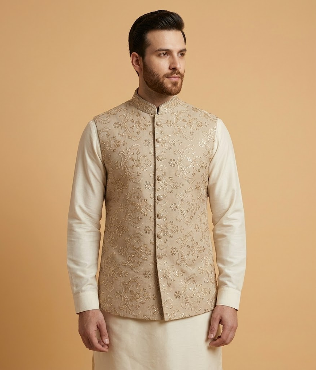 Cream Sequin Embroidery Jamawar Dulha House