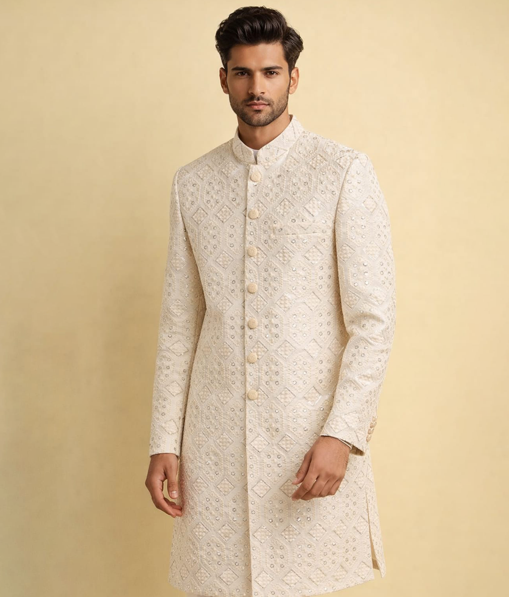 Cream and Gold rawsilk Sherwani
