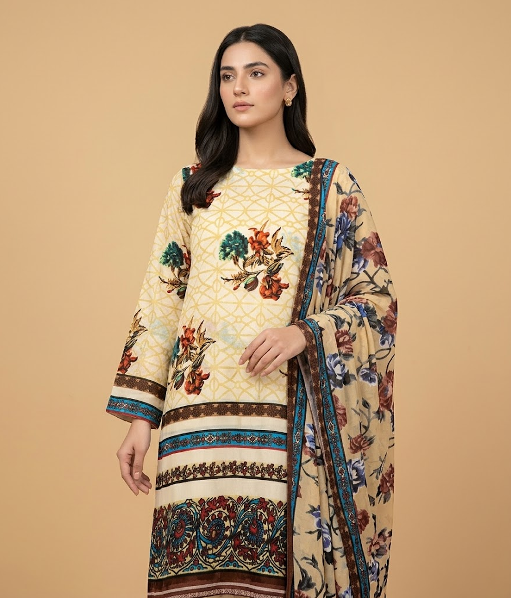 Cream floral Palachi 2 Piece Shirt and Dupatta