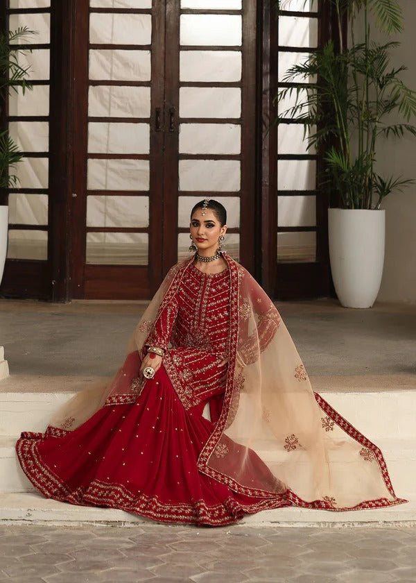Crimson Red and Gold Kora & Dabka Work Gharara