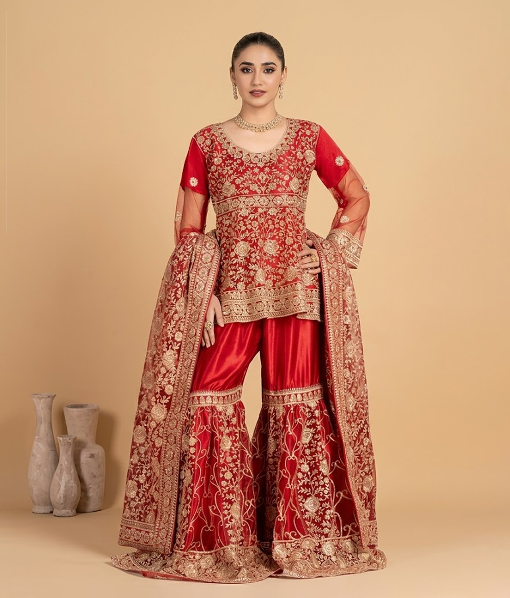 Crimson Red Gold Dabka & Kora Gharara