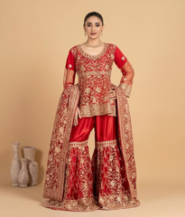 Crimson Red Gold Dabka & Kora Gharara