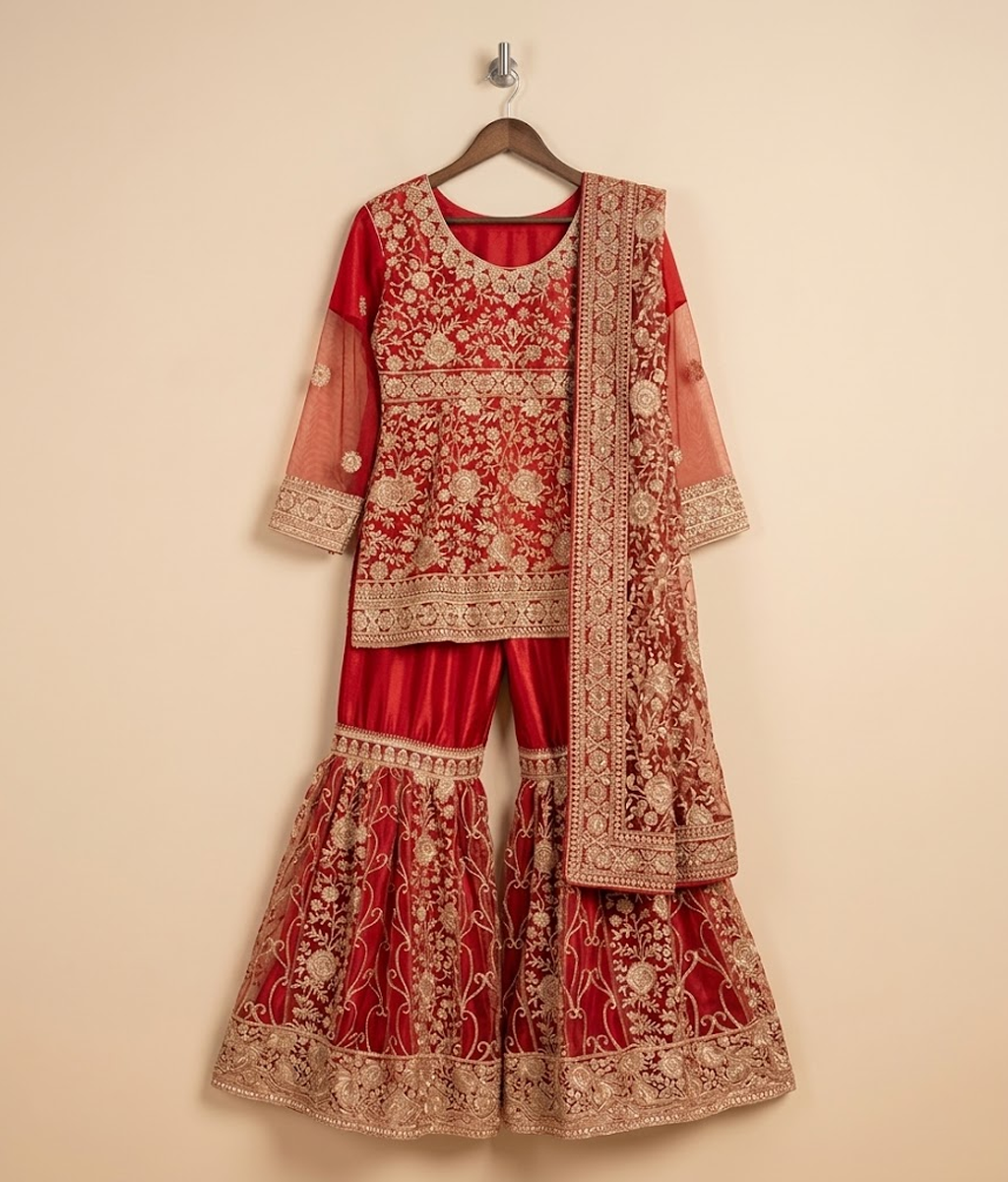 Crimson Red Gold Dabka & Kora Gharara
