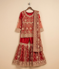 Crimson Red Gold Dabka & Kora Gharara