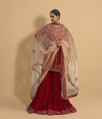 Crimson Red and Gold Kora & Dabka Work Gharara