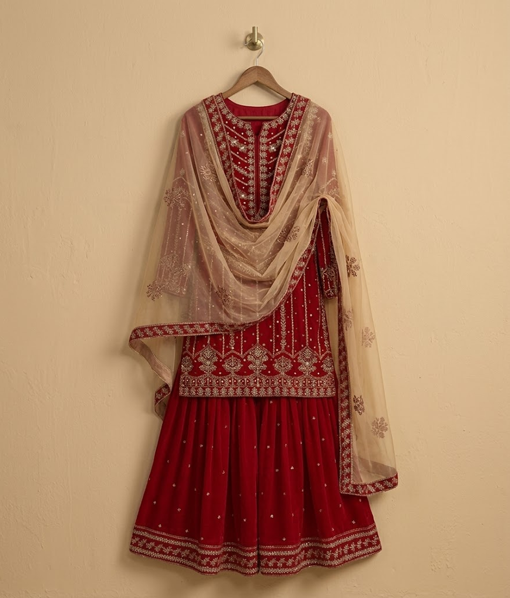 Crimson Red and Gold Kora & Dabka Work Gharara