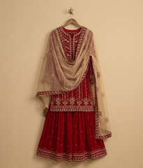 Crimson Red and Gold Kora & Dabka Work Gharara