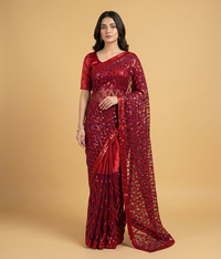 Crimson Zig-Zag Dual Tone Patterned Net Saree with Silk Blouse