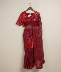 Crimson Zig-Zag Dual Tone Patterned Net Saree with Silk Blouse