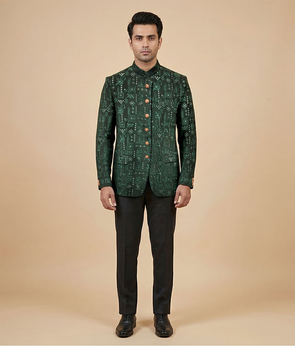 Dark Green Sequin Embroidered Raw Silk Prince Coat