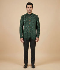 Dark Green Sequin Embroidered Raw Silk Prince Coat