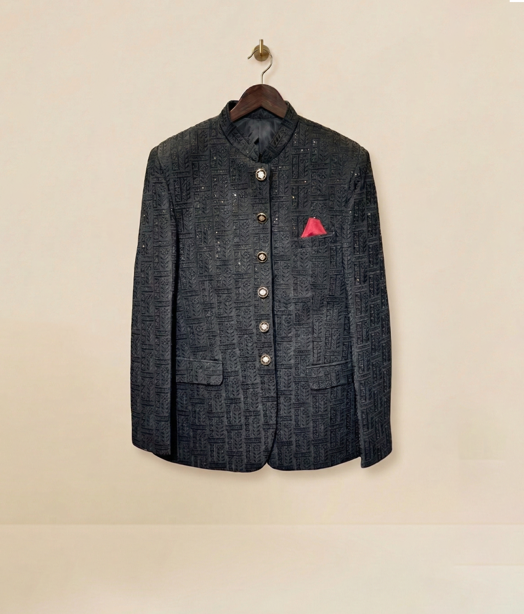 Black Sequence Embroidered Raw Silk Prince Coat