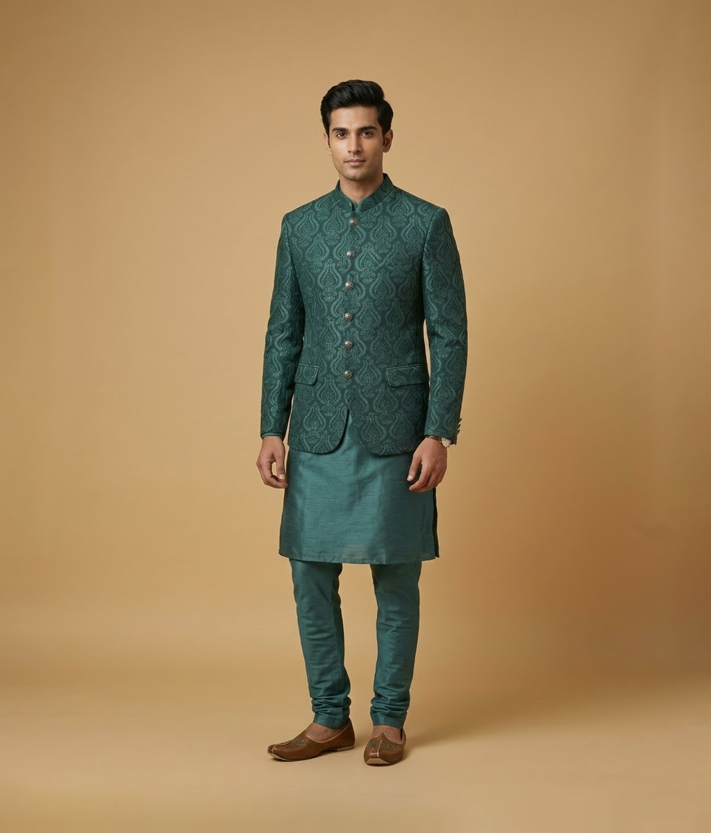 Green Plain Embroidered Raw Silk Prince Coat