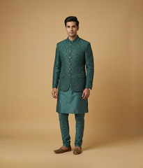 Green Plain Embroidered Raw Silk Prince Coat
