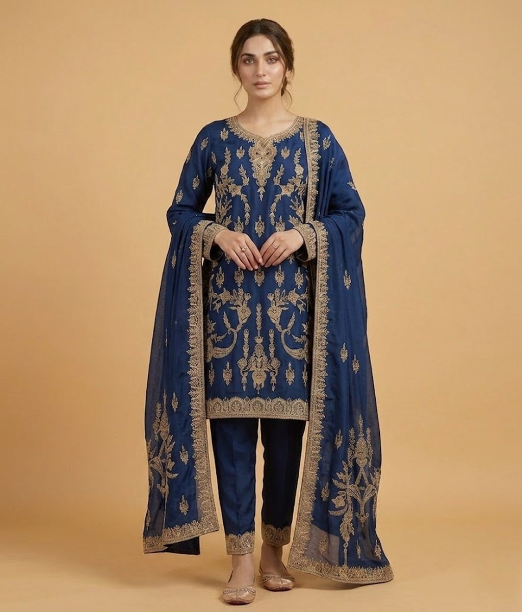 Raw Silk 3 Piece Suit Heavy Dabka Work with Dupatta and Plain Trousers