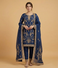 Raw Silk 3 Piece Suit Heavy Dabka Work with Dupatta and Plain Trousers