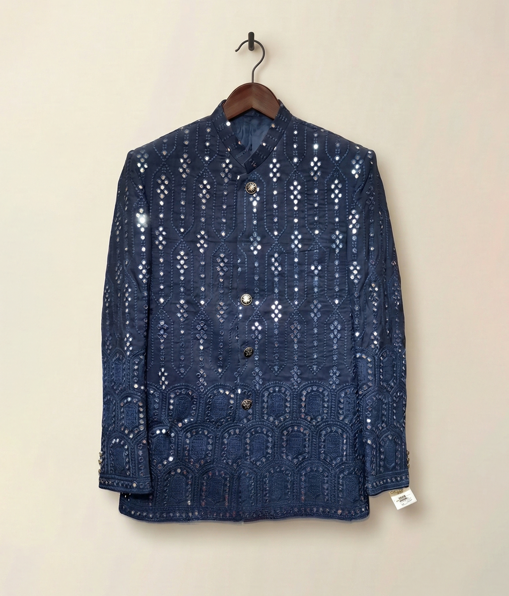 Dark blue Sequin Raw Silk Prince Coat
