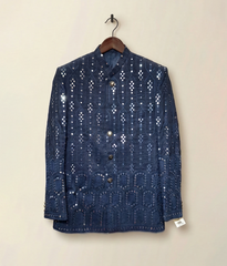 Dark blue Sequin Raw Silk Prince Coat