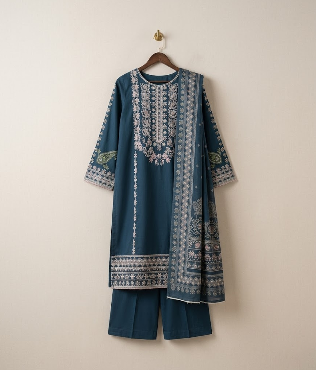 Dark blue embroidered shirt with trousers and cotton dupatta