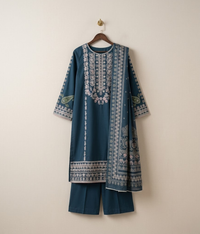 Dark blue embroidered shirt with trousers and cotton dupatta