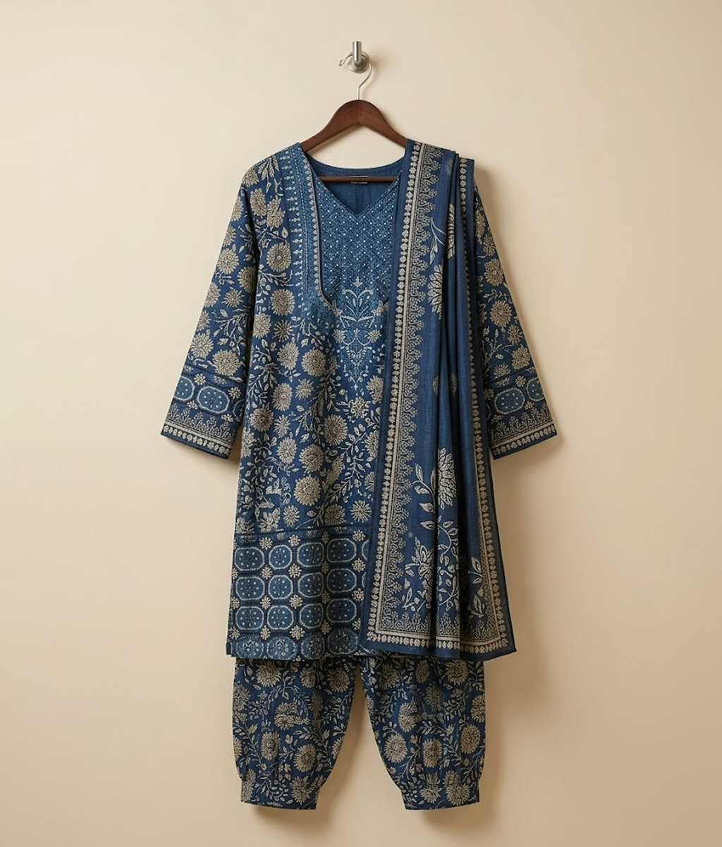 Dark blue printed lawn 3 piece
