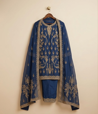 Raw Silk 3 Piece Suit Heavy Dabka Work with Dupatta and Plain Trousers