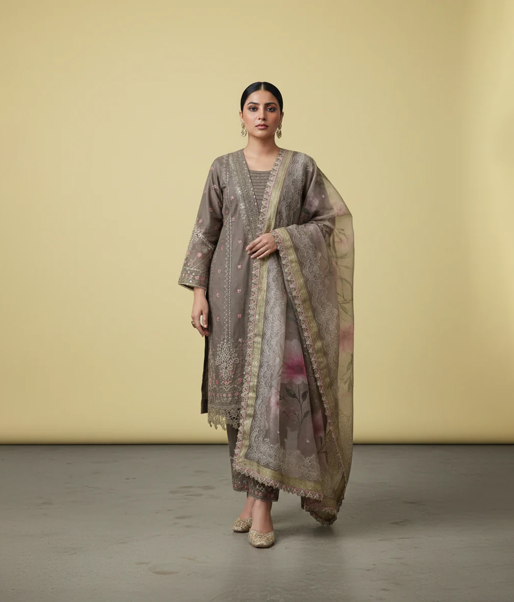 Dark grey lawn fully embroidered suit with printed dupatta