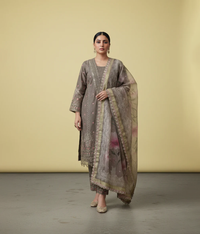 Dark grey lawn fully embroidered suit with printed dupatta
