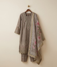 Dark grey lawn fully embroidered suit with printed dupatta