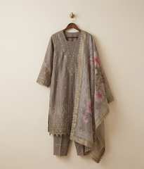 Dark grey lawn fully embroidered suit with printed dupatta