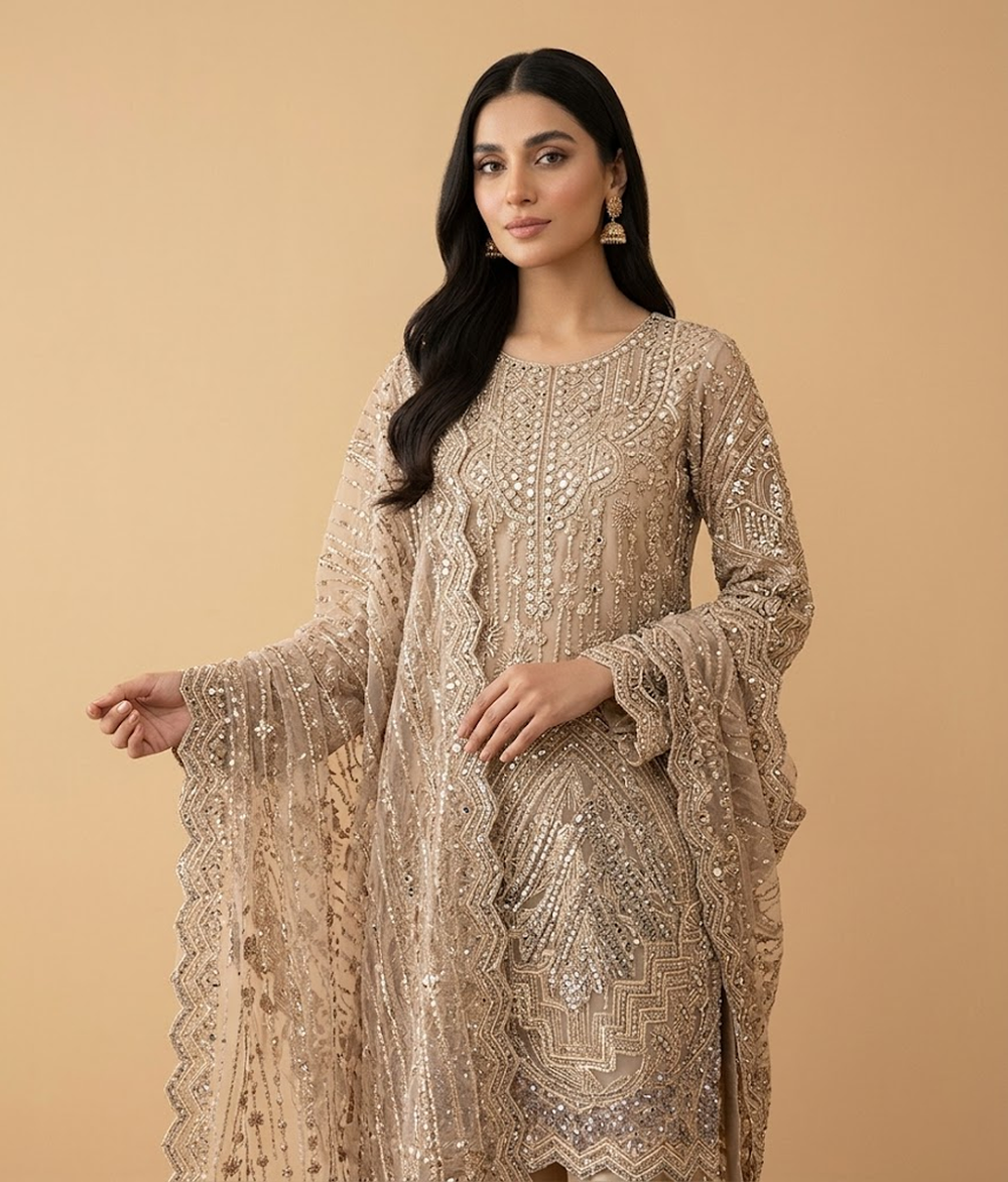 Dark mauve Cut Dana Net 2 Piece Shirt and Dupatta