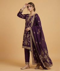 Raw Silk 3 Piece Suit Heavy Dabka Work with Dupatta and Plain Trousers