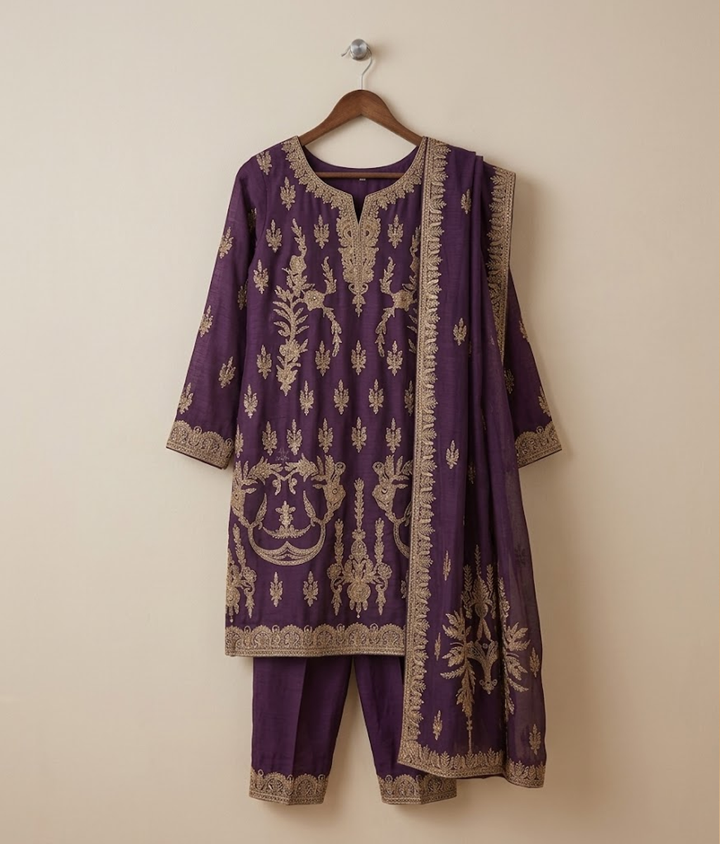 Raw Silk 3 Piece Suit Heavy Dabka Work with Dupatta and Plain Trousers