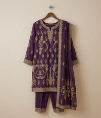 Raw Silk 3 Piece Suit Heavy Dabka Work with Dupatta and Plain Trousers