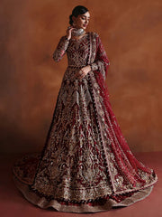 Deep Garnet Kora-Dabka Detailed Bridal Pishwas