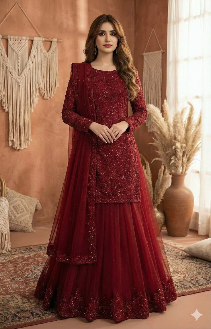 Deep Maroon Sequined Gharara
