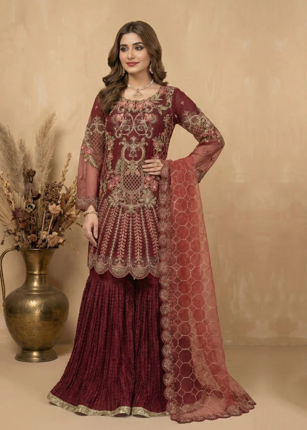 Deep Maroon Zardozi & Scalloped Gharara Set