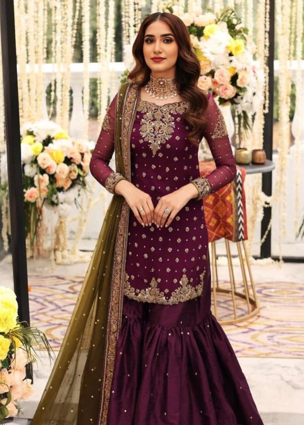 Deep Plum Hand-Embellished Zardozi Gharara