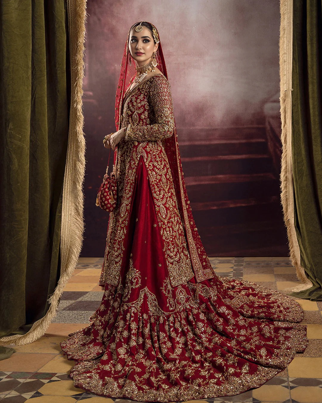 Deep Scarlet Dabka Worked Tail-Gharara