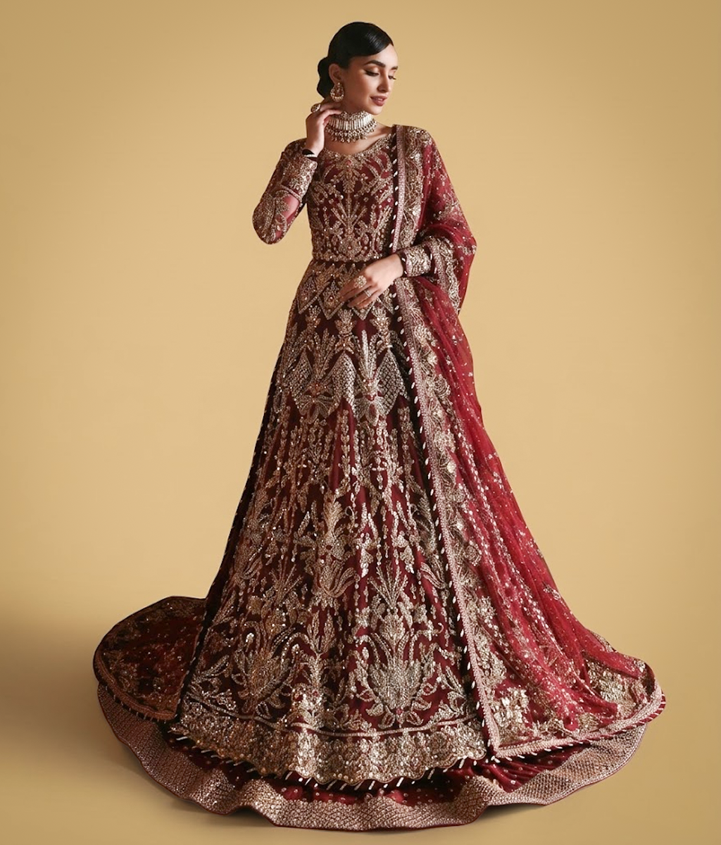 Deep Garnet Kora-Dabka Detailed Bridal Pishwas