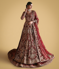 Deep Garnet Kora-Dabka Detailed Bridal Pishwas