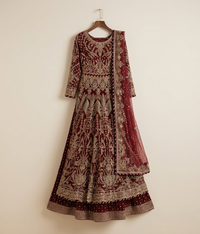 Deep Garnet Kora-Dabka Detailed Bridal Pishwas