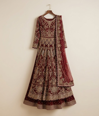Deep Garnet Kora-Dabka Detailed Bridal Pishwas