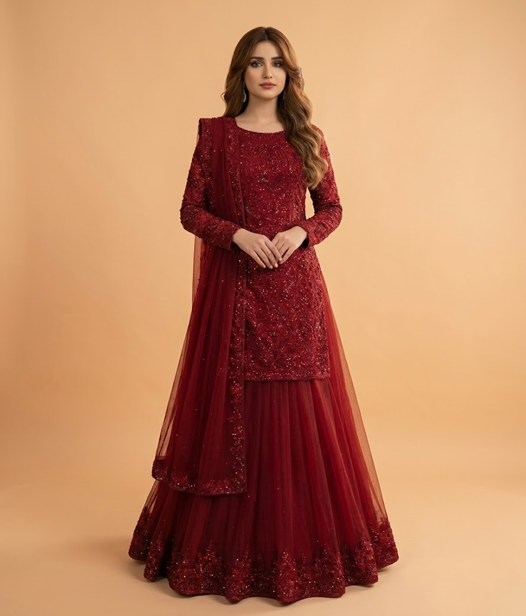 Deep Maroon Sequined Gharara